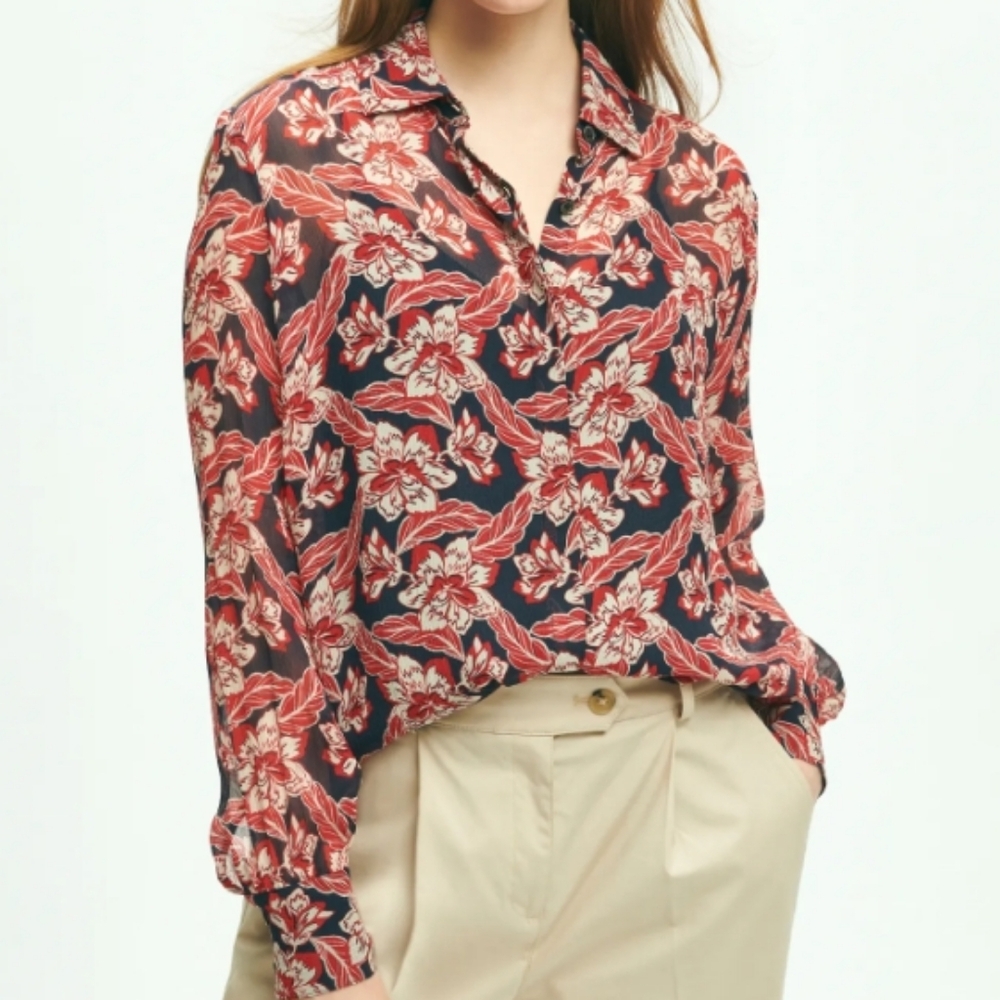 Brooks Brothers Crinkle Chiffon Tropical Floral Print Blouse